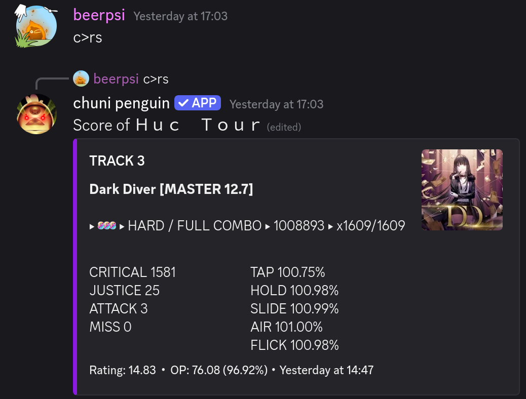 Image of a recent score shared through the bot